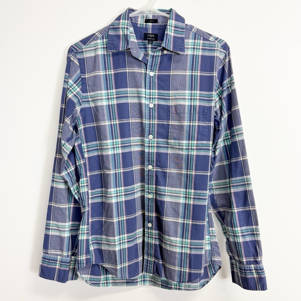 J Crew Shirt Mens Small Blue Green Plaid Slim Summer Plaid Button Down Cotton - Picture 1 of 8